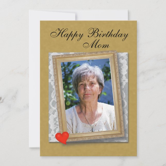 Tarjeta Mom's Birthday framed photo, lace and heart (Anverso)