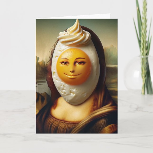 Tarjeta Mona divertida y un huevo feliz en su cara (Anverso)