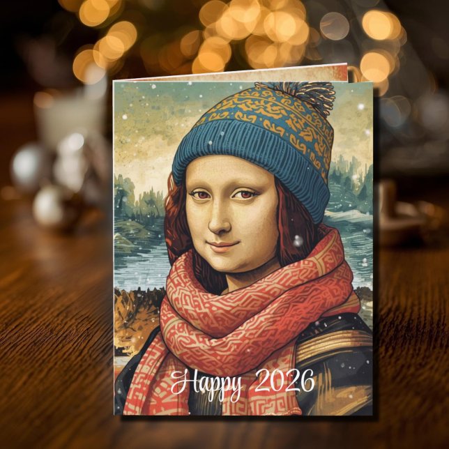 Tarjeta Mona Lisa con gorro - Feliz 2026 (Subido por el creador)