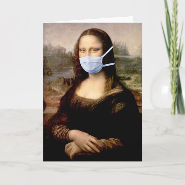 Tarjeta Mona Lisa con máscara Da Vinci parodiando las arte (Anverso)