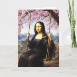 Tarjeta Mona Lisa de cumpleaños en un columpio entre flore
