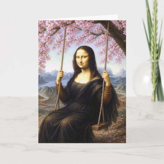 Tarjeta Mona Lisa de cumpleaños en un columpio entre flore (Anverso)