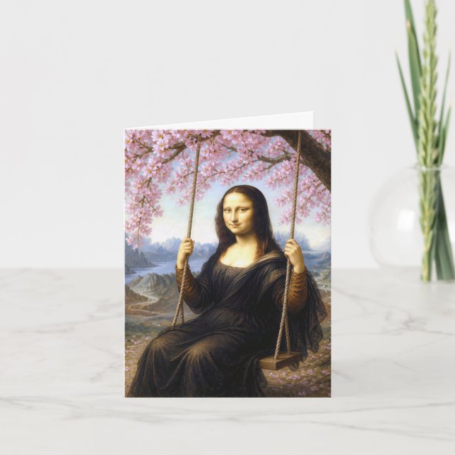 Tarjeta Mona Lisa en un columpio bajo flores de cerezo (Anverso)