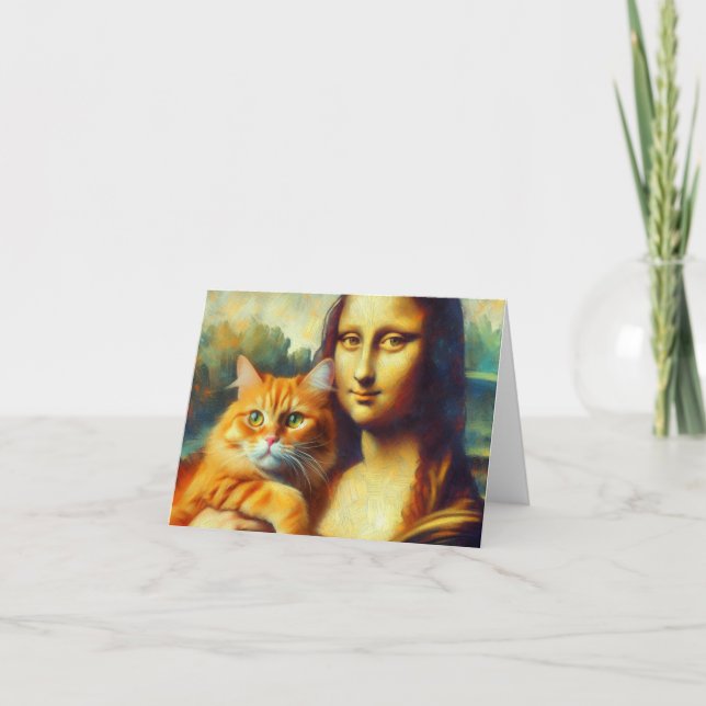 Tarjeta Mona Lisa pintando La Gioconda con un gato (Anverso)