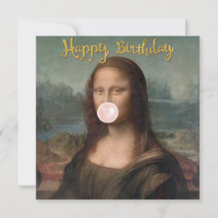 Tarjeta Mona Lisa soplando chicle rosa