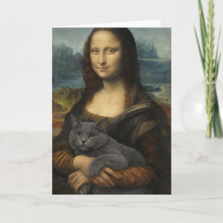 Tarjeta Mona Lisa sosteniendo un gato gris elegante