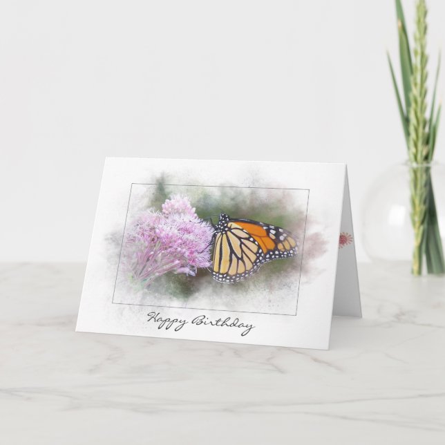 Tarjeta monarca de cumpleaños mariposa en flor silvestre (Anverso)