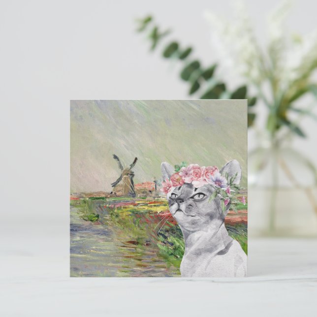 Tarjeta Monet Champ Tulipes y Fancy Cat Flat (Anverso de pie)