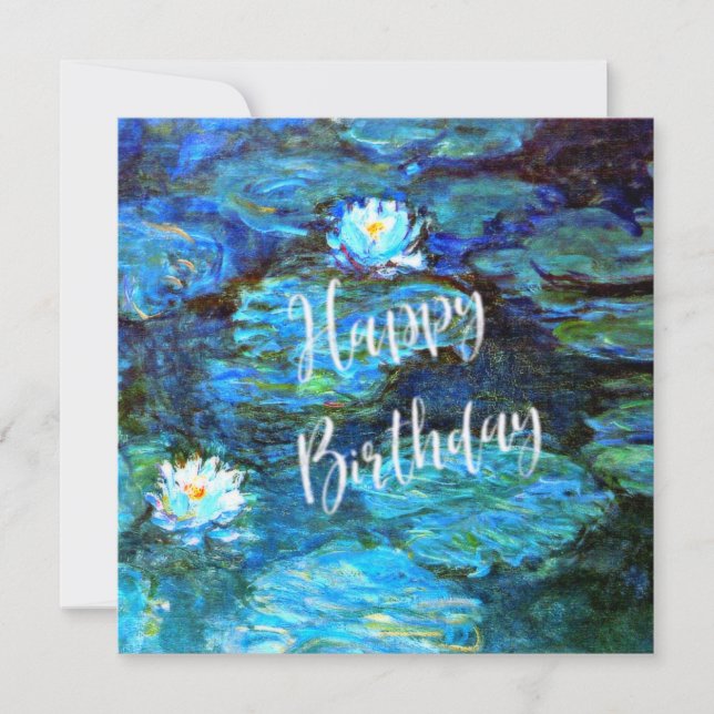 Tarjeta Monet - Lilies de agua (azul) con deseos de cumple (Anverso)