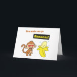 Tarjeta Monkey go Bananas, Cute Love Humor<br><div class="desc">Tell your special someone how much you love him or her with a smile with this cute and humorous cartoon greeting. It has a monkey who is dazzled by the kawaii banana's charm and is madly in love. The caption reads "You make me go Bananas!" Funny and goofy design for...</div>