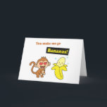 Tarjeta Monkey go Bananas, Cute Love Humor<br><div class="desc">Tell your special someone how much you love him or her with a smile with this cute and humorous cartoon greeting. It has a monkey who is dazzled by the kawaii banana's charm and is madly in love. The caption reads "You make me go Bananas!" Funny and goofy design for...</div>