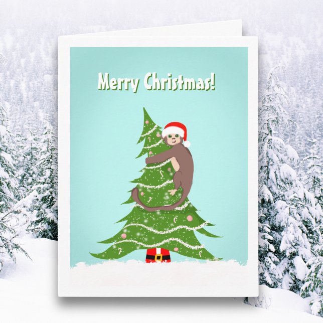 Tarjeta Mono de Feliz Navidad subiendo al árbol (Subido por el creador)