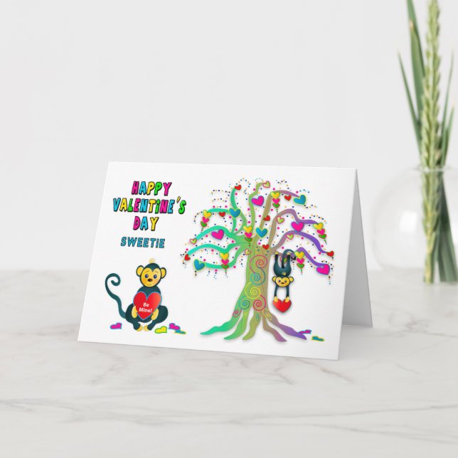 Tarjeta Mono infantil el día de San Valentín y diversión e (Anverso)