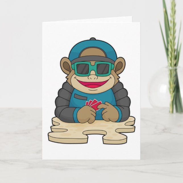 Tarjeta Mono jugando póquer con cartas de póquer y gafas d (Anverso)