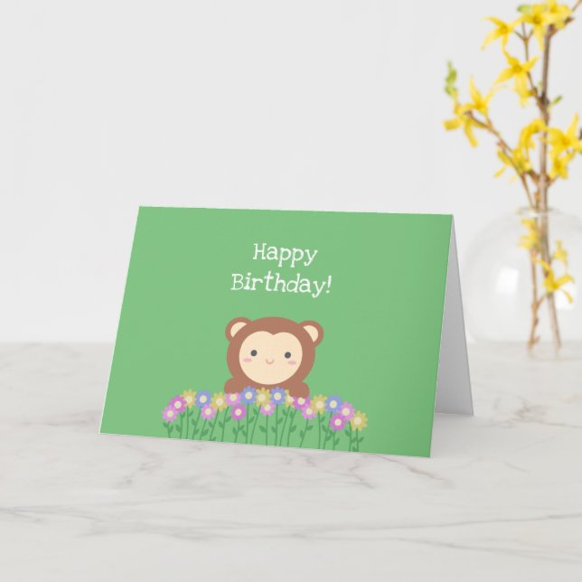 Tarjeta Mono lindo y flores envejecen verde feliz cumpleañ (flor amarilla)