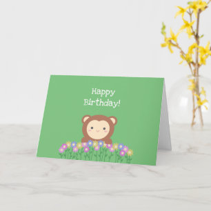 Tarjeta Mono lindo y flores envejecen verde feliz cumpleañ