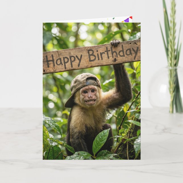 Tarjeta Mono sosteniendo un cartel de Feliz Cumpleaños (Anverso)