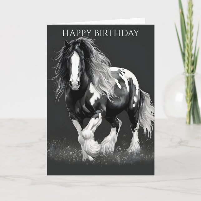 Tarjeta Monocromo Piebald Gypsy Cob Horse Cumpleaños (Anverso)