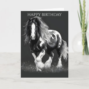 Tarjeta Monocromo Piebald Gypsy Cob Horse Cumpleaños