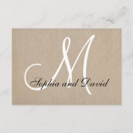 Tarjeta monográfica RSVP de boda de tela rústica