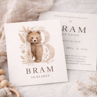Tarjeta Monogram Beer Neutraaal Bosdier Jongen Geboorte