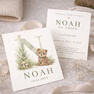 Tarjeta Monogram N Beer Bosdier Waterverf Geboortekaartje