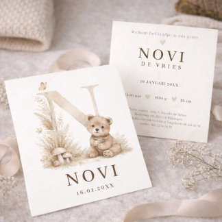 Tarjeta Monogram N Beer Neutraal Woodland Geboortekaartje
