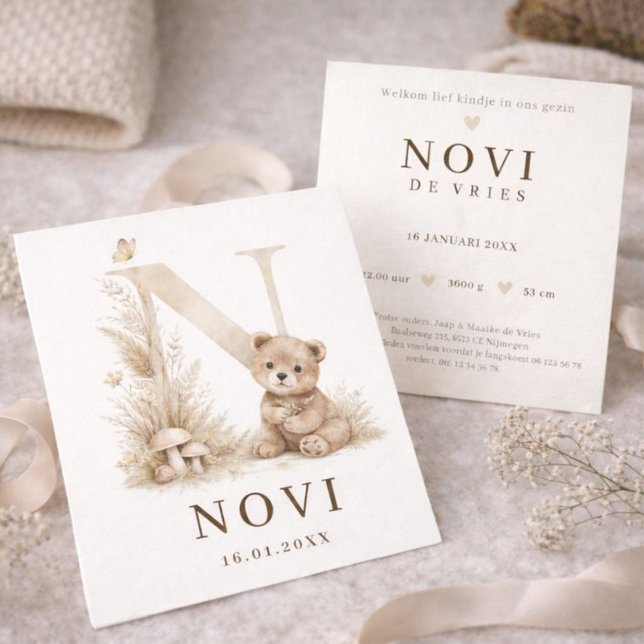 Tarjeta Monogram N Beer Neutraal Woodland Geboortekaartje (Subido por el creador)