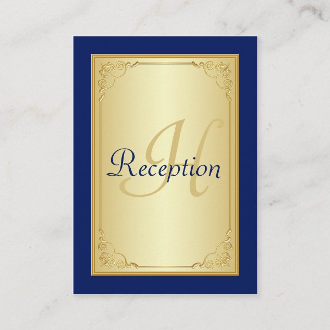 Tarjeta Monograma Blue Gold Scroll Reception (Anverso)