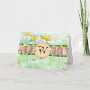 Tarjeta Monograma de margarita blanca en pradera verde