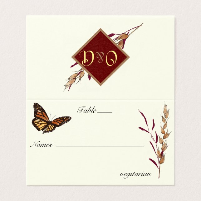 Tarjeta Monograma de mariposa monarca de boda otoño (Exterior desplegado)