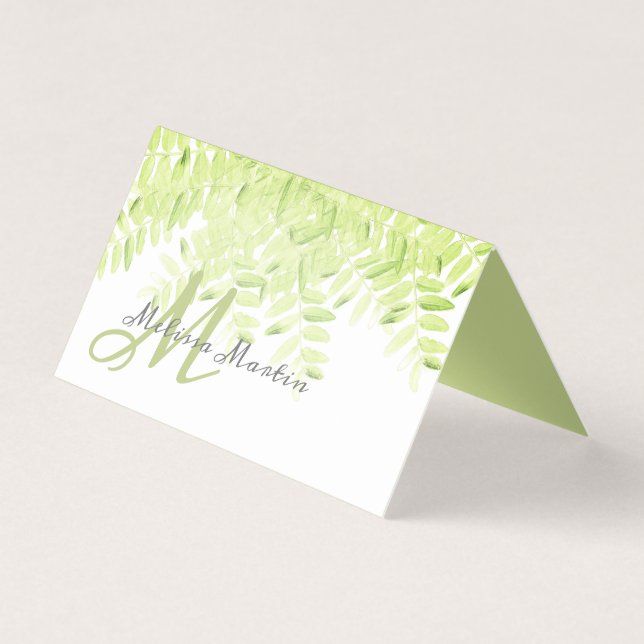 Tarjeta monograma elegante de hojas verdes de primavera (Anverso)