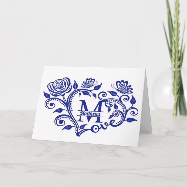 Tarjeta Monograma floral azul de la marina personalizada M (Anverso)