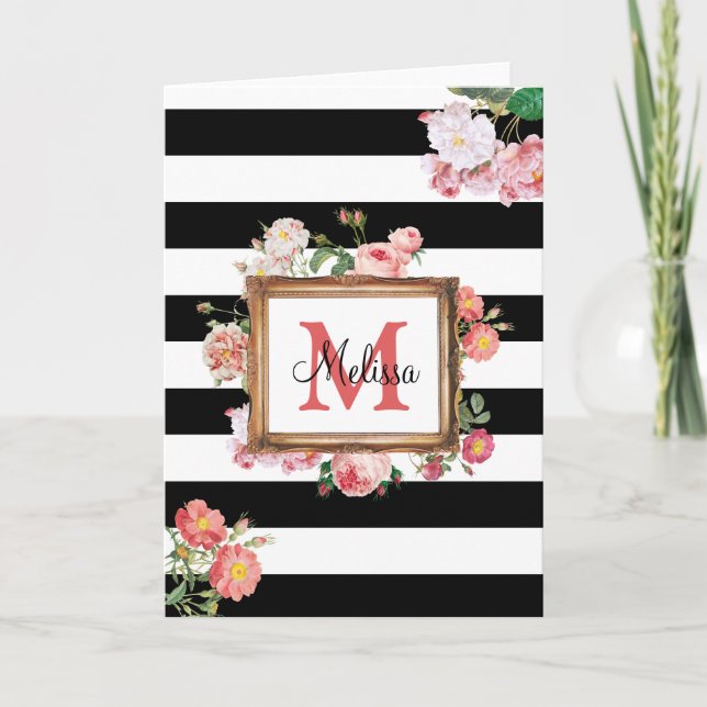 Tarjeta Monograma Floral y rayas antiguas de época (Anverso)