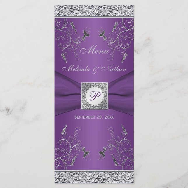 Tarjeta Monograma Morado y Plata Floral (Anverso)