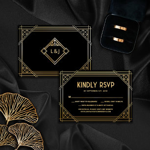 Tarjeta Monograma RSVP de Boda de arte negro y oro