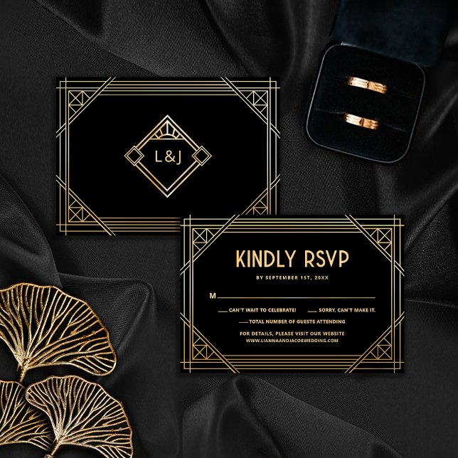 Tarjeta Monograma RSVP de Boda de arte negro y oro (Subido por el creador)