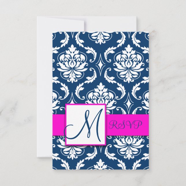 Tarjeta Monograma RSVP de la Marina de Fuchsia Blu (Anverso)