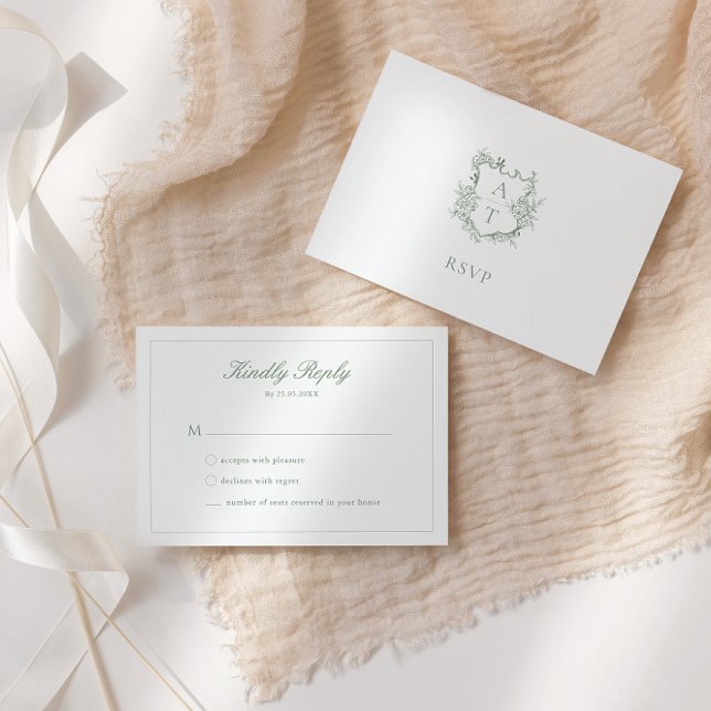 Tarjeta Monograma RSVP Escudo de guión verde Sage  (Subido por el creador)