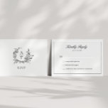 Tarjeta Monograma RSVP para Escudo blanco y negro<br><div class="desc">Tarjeta de recinto RSVP con escudo floral de flores de color blanco y negro formal y elegante.</div>