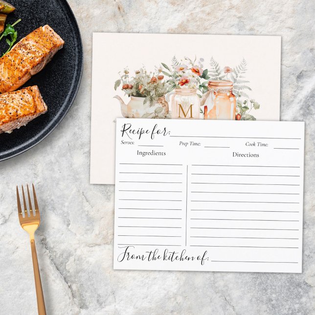 Tarjeta monogramada de receta de frambuesa floral  (In situ)