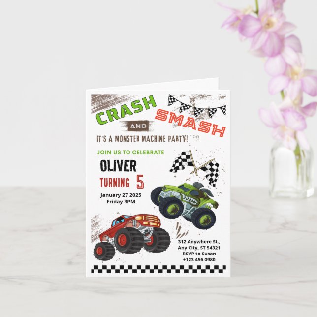 Tarjeta Monster Car Truck Kids Birthday Folded Card (Orquídea)