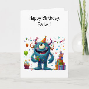 Tarjeta Monstruo Adorable con Sombrero de Fiesta con Globo