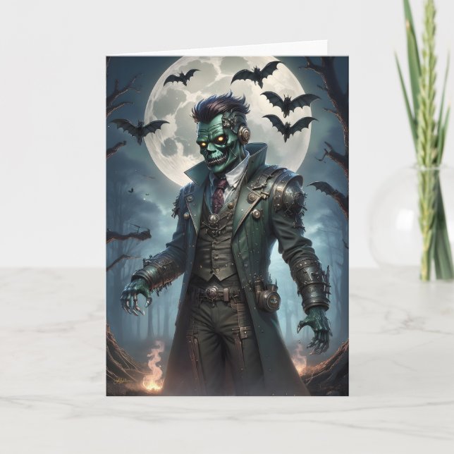 Tarjeta Monstruo de Frankenstein Steampunk de Halloween (Anverso)