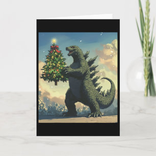 Tarjeta Monstruo japonés Kaiju que lleva árbol de Navidad