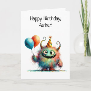 Tarjeta Monstruo Lindo con Sombrero de Cumpleaños y Globos