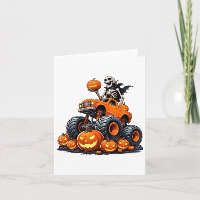 Tarjeta Monstruo Skeleton Truck Halloween Calabaza Ki (Anverso)