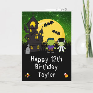 Tarjeta Monstruos de Halloween Verde Feliz Cumpleaños