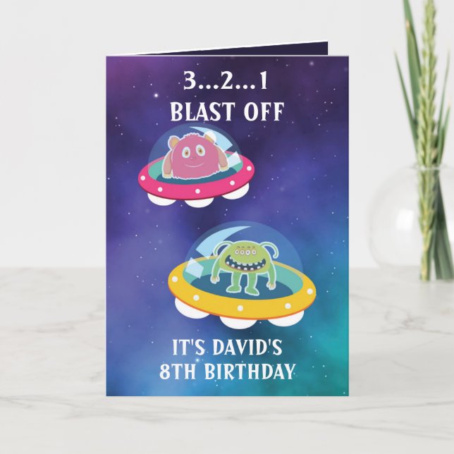 Tarjeta Monstruos de la Galaxia Azul Morado Cute 8 cumplea (Anverso)