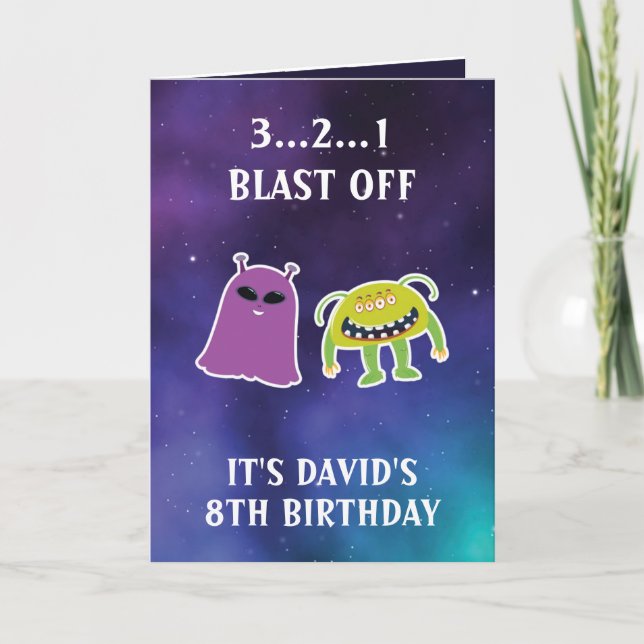 Tarjeta Monstruos del espacio azul púrpura 8 cumpleaños (Anverso)
